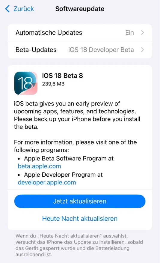 临安苹果手机维修分享苹果 iOS / iPadOS 18 开发者预览版 Beta 8 发布 